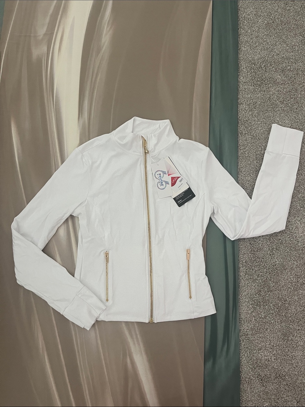 White Women's Zip running Jacket  Gold Hardware butter soft compression small